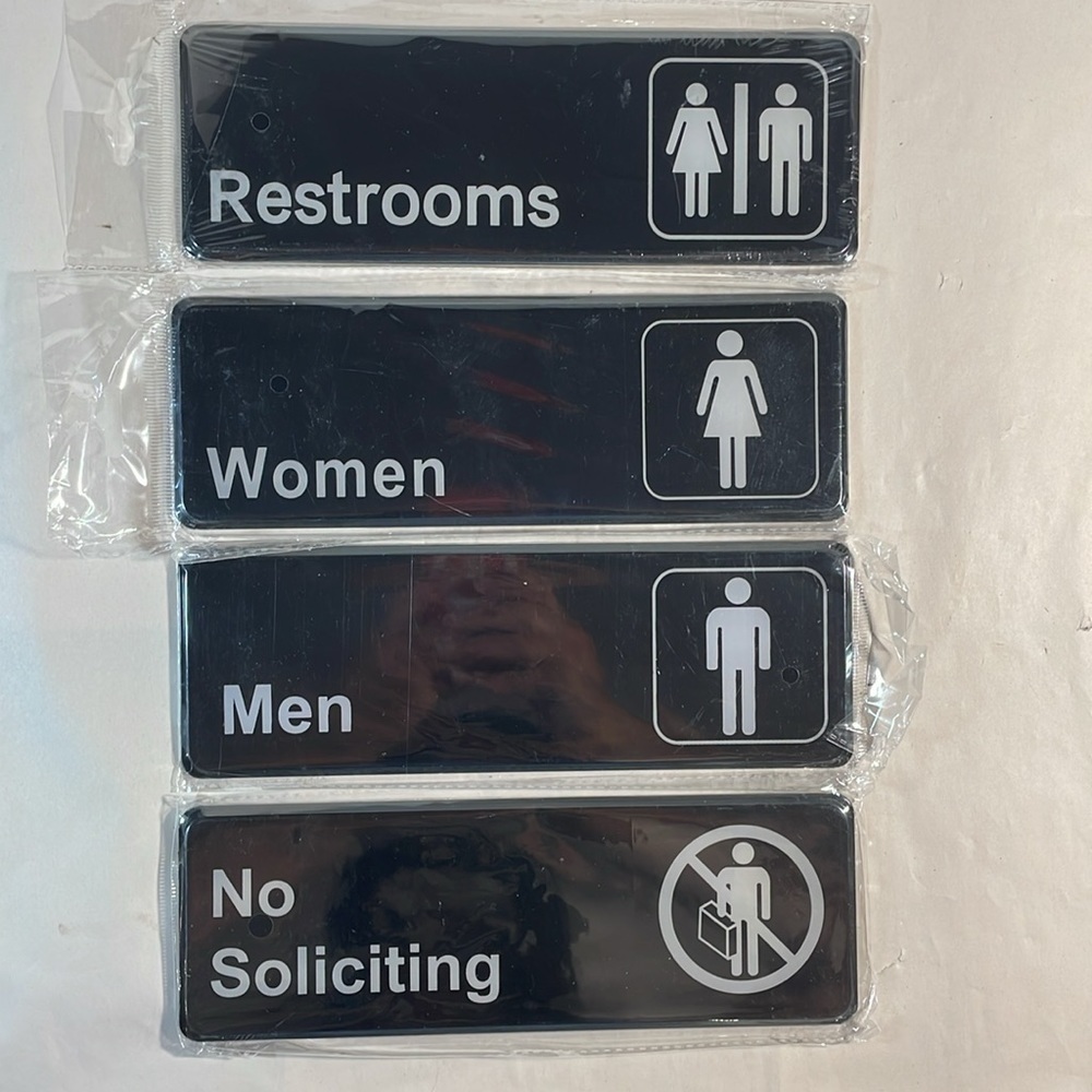 Lot of 4 Self-stick signs signage Restrooms, Men, Women, No Soliciting